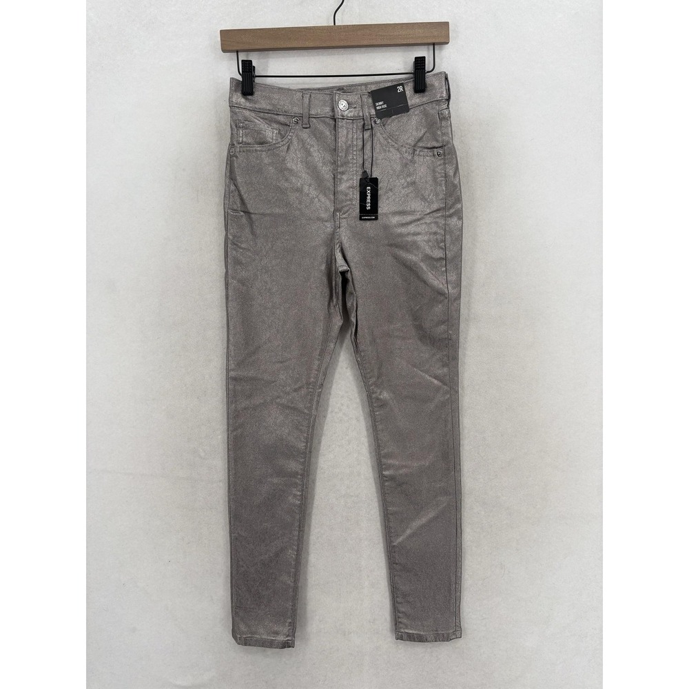 Express Skinny High Rise Jeans Womens 2 Silver Metallic Coated Stretch Preppy